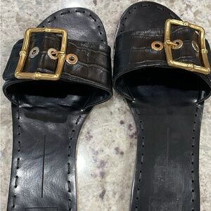 Dolce Vita Black Leather Slide Sandals with Gold Buckles